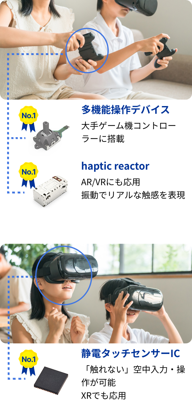シェアNo.1 多機能操作デバイス 大手ゲーム機コントローラーに搭載。シェアNo.1 haptic reactor AR/VRにも応用振動でリアルな触感を表現。シェアNo.1 静電タッチセンサーIC 「触れない」空中入力・操作が可能。XRでも応用。