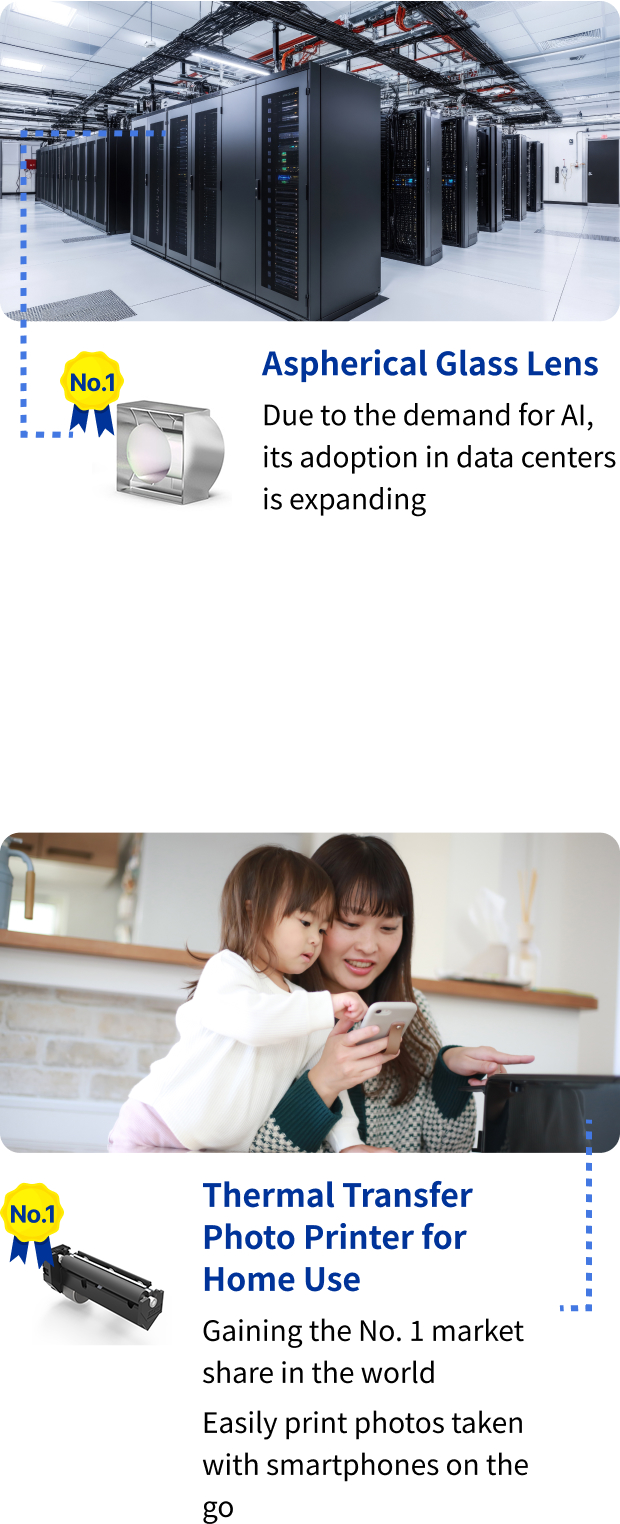 share No.1 Aspherical Glass Lens: Due to the demand for Ai, its adoption in data centers is expanding. share No.1 Thermal Transfer Photo Printer for Home Use: Gaining the No.1 market share in the world. Easily print photos taken with smartphones on the go.